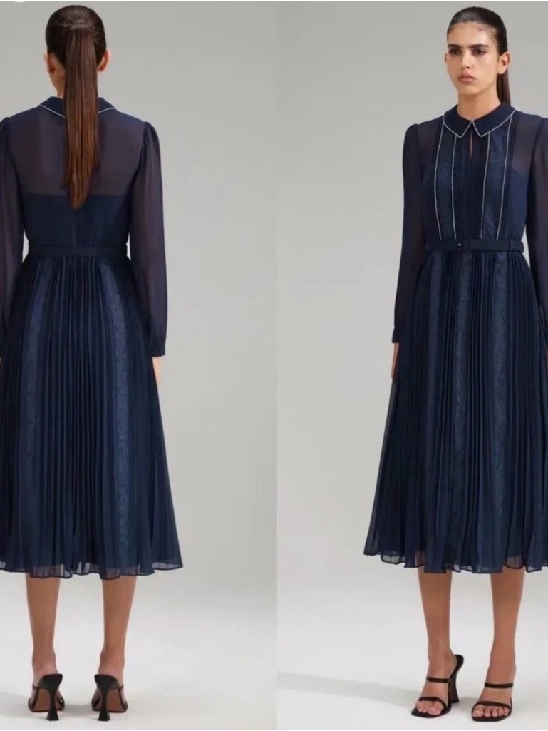 Self-Portrait Navy Sheer Pleated Midi Dress With Peter Pan Collar